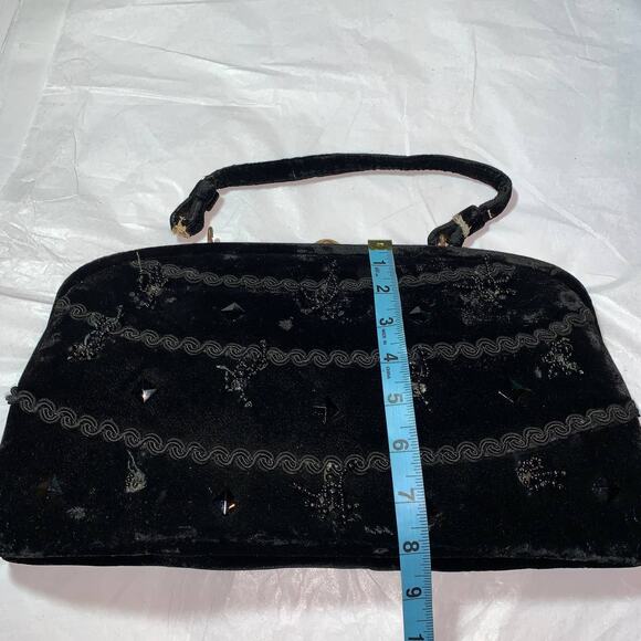 Lg Soure Black Velvet Beaded Frame Bag Deco Clasp - Picture 5 of 7